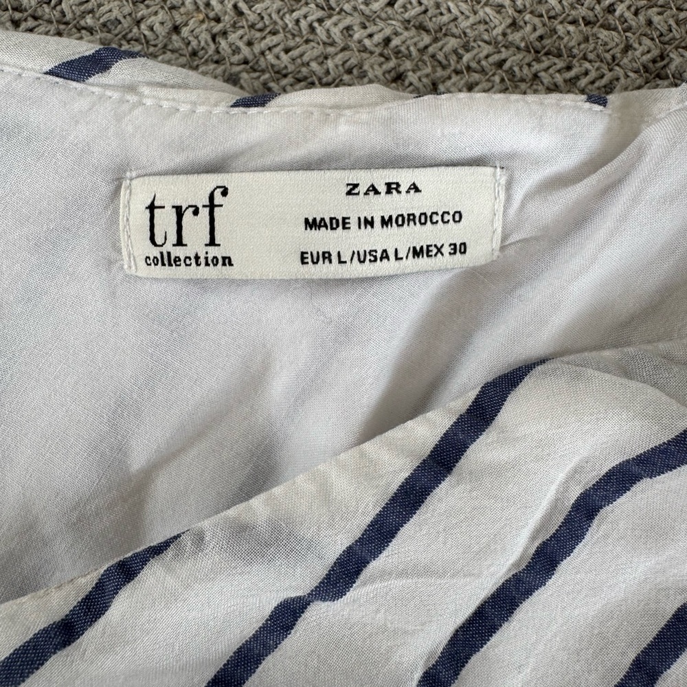 ZARA White Navy Blue Striped Tie Back V Neck Blouson Sleeve Cropped Blouse Sz L - Picture 5 of 10